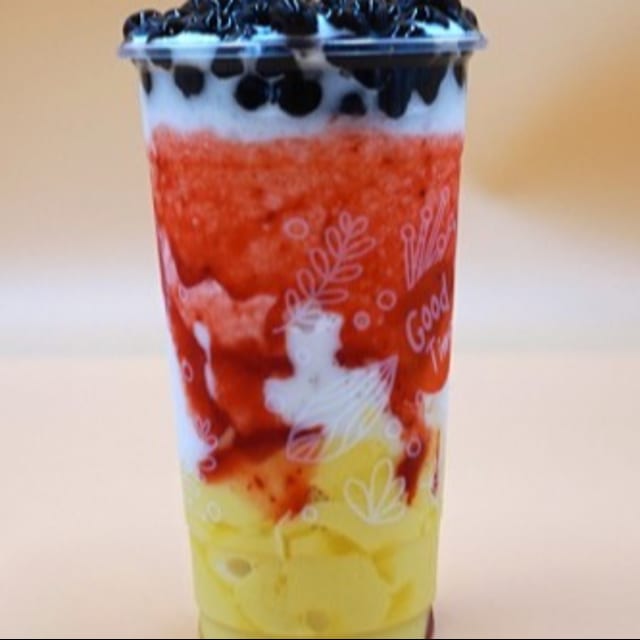 I08. Iced Milk Drink W/ Strawberry, Pudding, & Honey Boba.